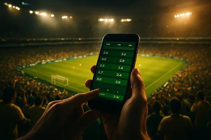 Torcedor com smartphone e odds ao vivo no Maracanã à noite