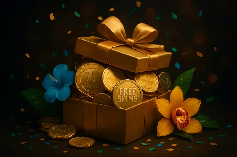 Caixa dourada com moedas em real, giros grátis e confetes