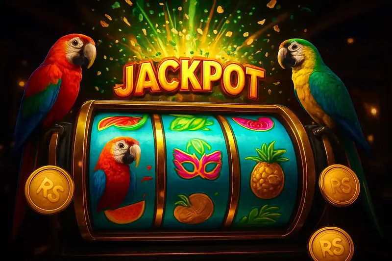 Cena vibrante de caça-níqueis brasileiro com jackpot, araras e confetes