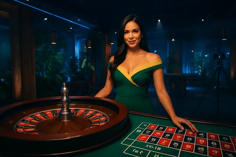 Dealer brasileira profissional em mesa de roleta em estúdio de cassino ao vivo