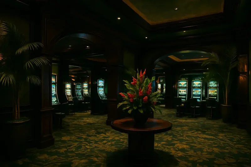Lobby de cassino elegante com decoração tropical brasileira e telas iluminadas