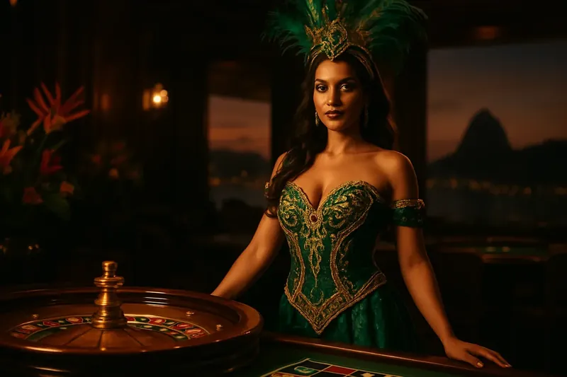 Mulher brasileira elegante em cassino luxuoso com roleta e skyline do Rio
