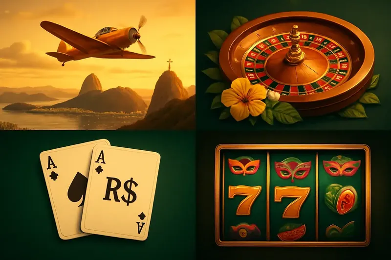 Colagem de jogos de cassino com Aviator, roleta, blackjack e slots brasileiros